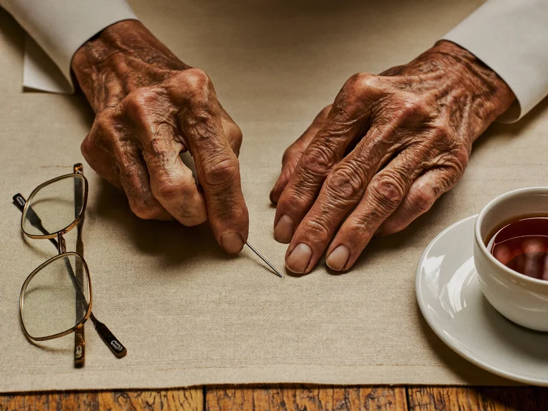 Illustrazione: mani segnate dal tempo guidano un ago nella stoffa, con occhiali e una tazza di tè.